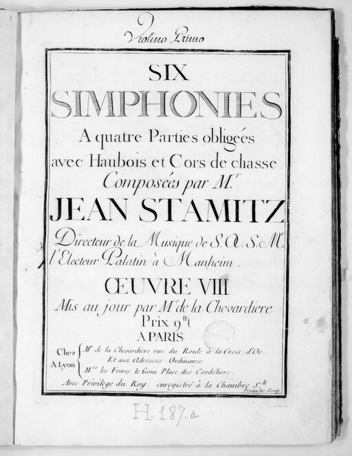 Six Simphonies a quatre parties obligées avec haubois et cors de chasse... Oeuvre VIII, mis au jour par M. de La Chevardière