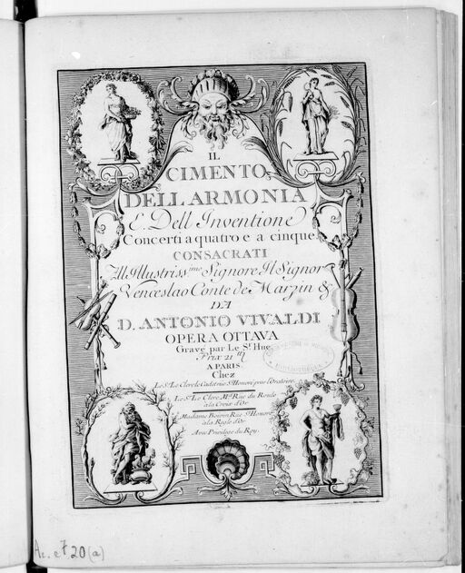 Il Cimento dell'armonia e delle inventione, concerti a quatro e a cinque a D. Antonio Vivaldi... opera ottava. Gravé par le Sr Hue. [Op. 8]