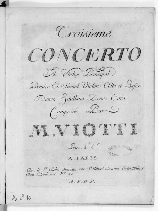 Troisième Concerto a violon principal, premier et second violon, alto et basse, deux hautbois, deux cors...