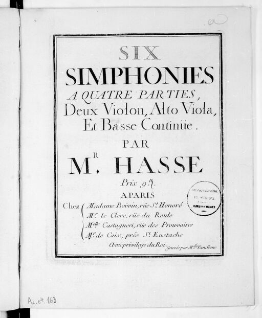 Six simphonies à quatre parties, deux violon, alto viola et basse continue...