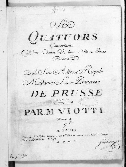 Six Quatuors concertants pour deux violons, alto et basse composés par M. Viotti. Oeuvre 1. [W II : 1-6]