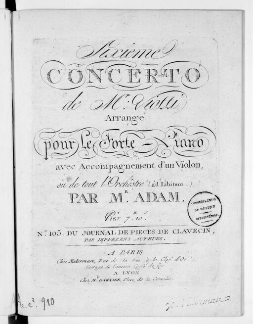 Sixth Concerto... arranged for the fort-piano, with the accompaniment of a violin or all the orchestra (ad libitum) by M. Adam...