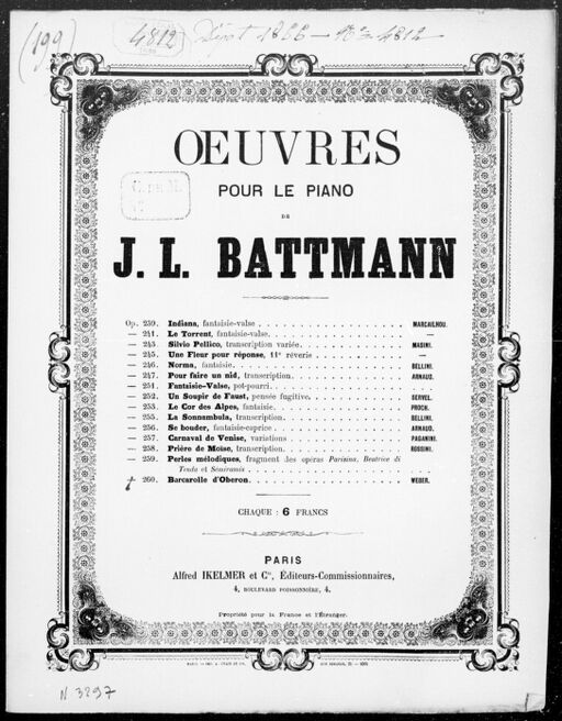 Barcarolle d'Obéron : [transcription variée] pour le piano : op. 260 / de J. L. Battmann ; [d'après] Weber