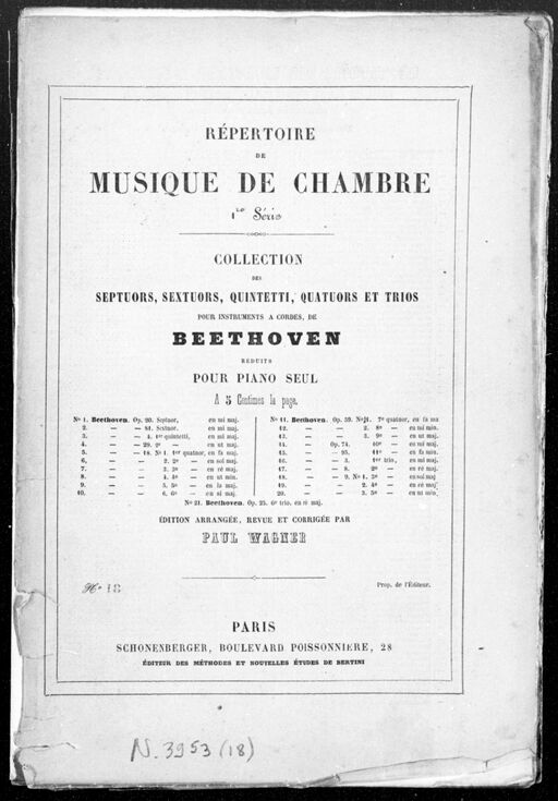 Collection of the septuors, sextuors, quintetti, quartets, and trios for stringed instruments, of Beethoven, reduced for piano alone. 18, Trio op. 9: [n ° 1] in major ground/Beethoven; [arr. for piano] by Paul Wagner