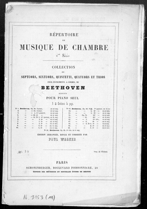 Collection des septuors, sextuors, quintetti, quatuors, et trios pour instruments à cordes, de Beethoven, réduits pour piano seul. 19, Trio op. 9 n° 2 en ré majeur / Beethoven ; [arr. pour piano] par Paul Wagner