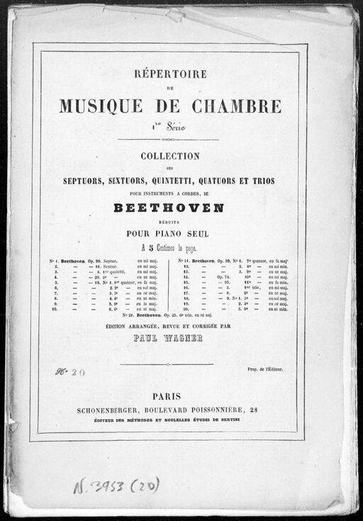 Collection of the septuors, sextuors, quintetti, quartets, and trios for stringed instruments, of Beethoven, reduced for piano alone. 20, Trio op. 9 n ° 3: [en ut 9]/Beethoven; [arr. pour piano] by Paul Wagner