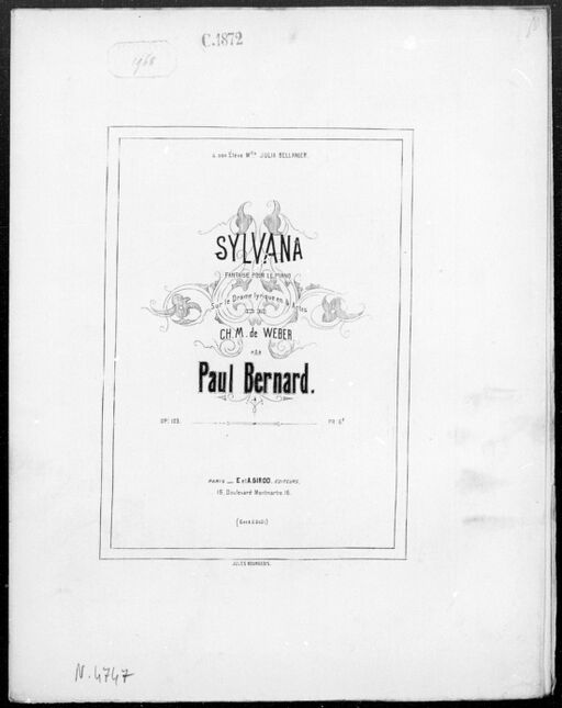 Sylvana : fantaisie pour le piano : op. 103 : sur le drame lyrique en 4 actes de Ch. M. de Weber / par Paul Bernard ; [couv. ornée par] Jules Bourgeois