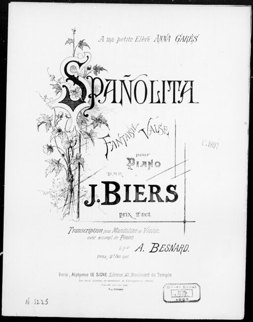 Spañolita : fantaisie-valse pour piano / par J. Biers ; transcr. pour mandoline ou violon avec accompagnement de piano par A. Besnard ; [ill. par] Barbizet