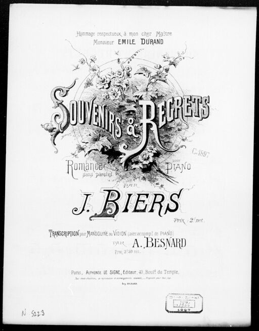 Souvenirs et regrets : romance sans paroles pour piano / par J. Biers ; transcr. pour mandoline ou violon avec accompagnement de piano par A. Besnard ; [couv. ornée par] Barbizet