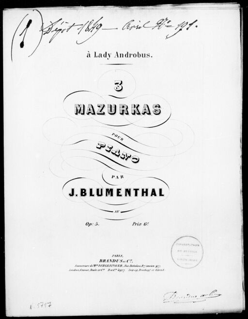 3 mazurkas pour piano : op. 5 / par J. Blumenthal