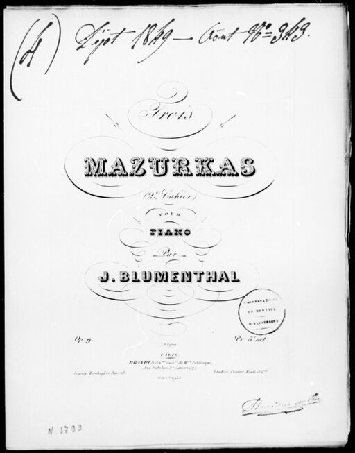 Trois mazurkas : 2e cahier : pour piano : op. 9 / par J. Blumenthal ; [couv. ornée par] A. Lafont