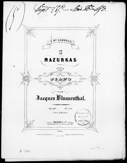 3 mazurkas pour piano : op. 20 / par Jacques Blumenthal ; [couv. ornée par] A. Vialon