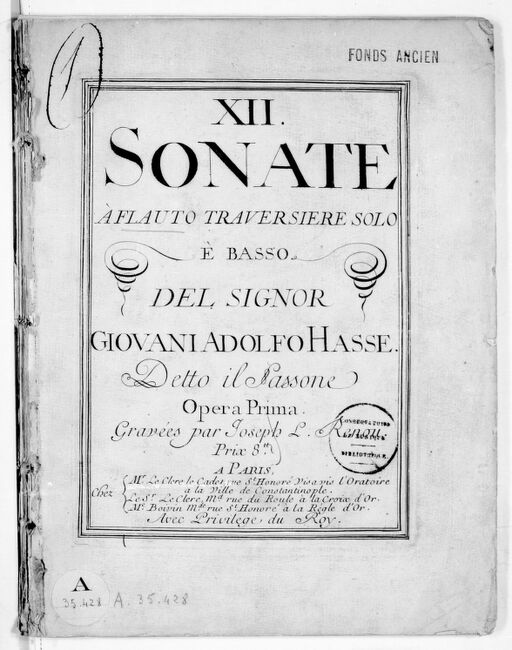 XII Sonate a flauto traversiere solo e basso... opera prima. Gravées par Joseph L. Renou