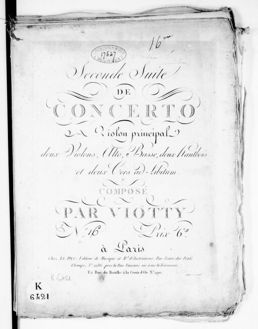 Seconde suite de concerto a violon principal, deux violons, alto, basse, deux hautbois, et deux cors ad libitum... N° [16]