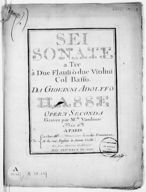 Sei Sonate a tre a due flauti o due violini col basso... opera seconda. Gravez par Melle Vendôme